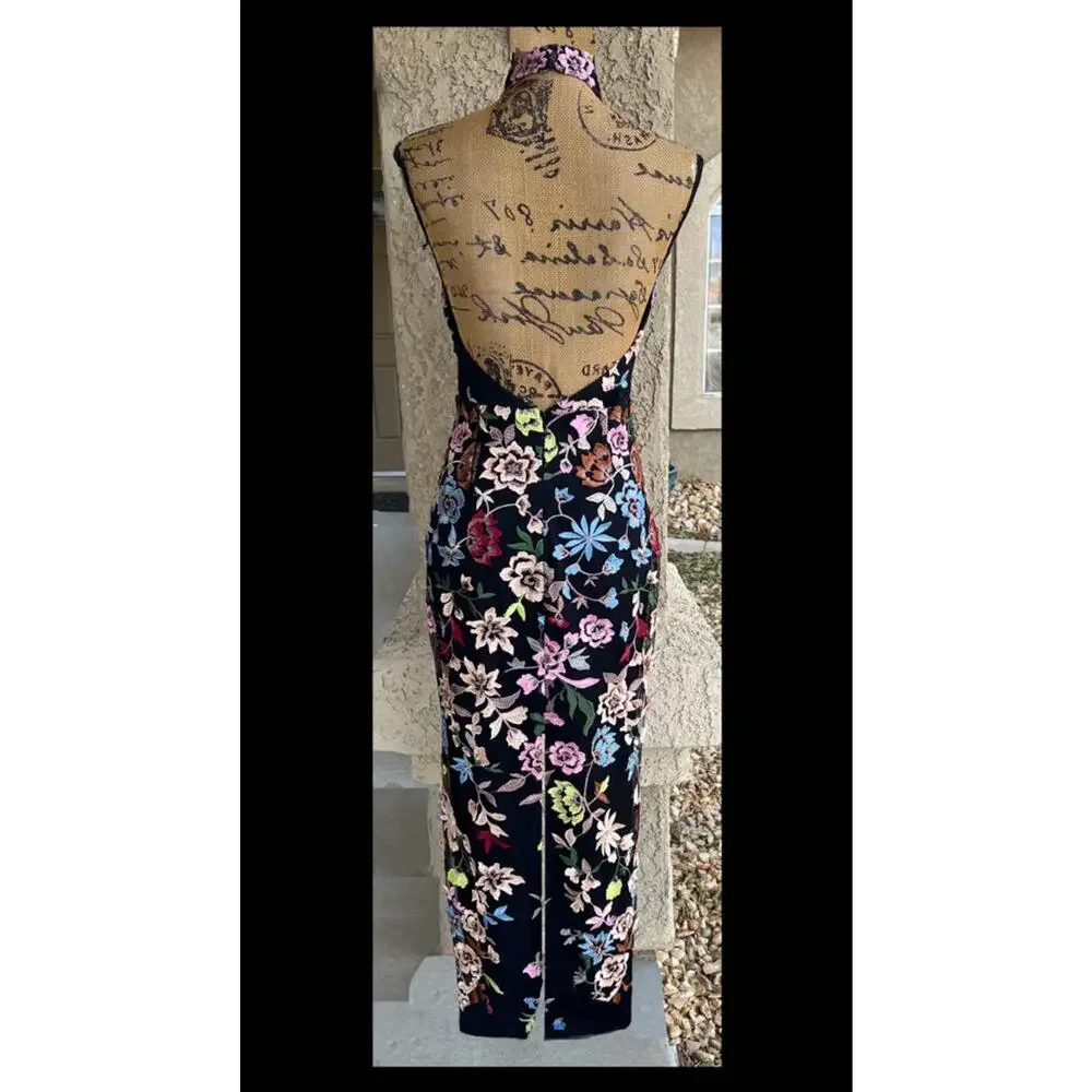 Lulus Black 3D Floral Embroidered Halter Infinite Praise Maxi Dress Size M - Picture 4 of 13